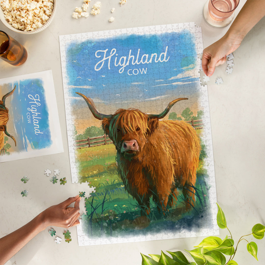 Watercolor Study, Highland Cow, 1000 Piece Jigsaw Puzzle