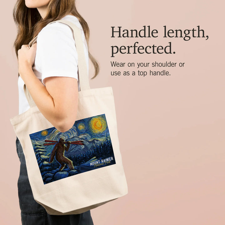 Mount Rainier, Washington, Starry Night, Winter Bigfoot with Skis, Tote Bag