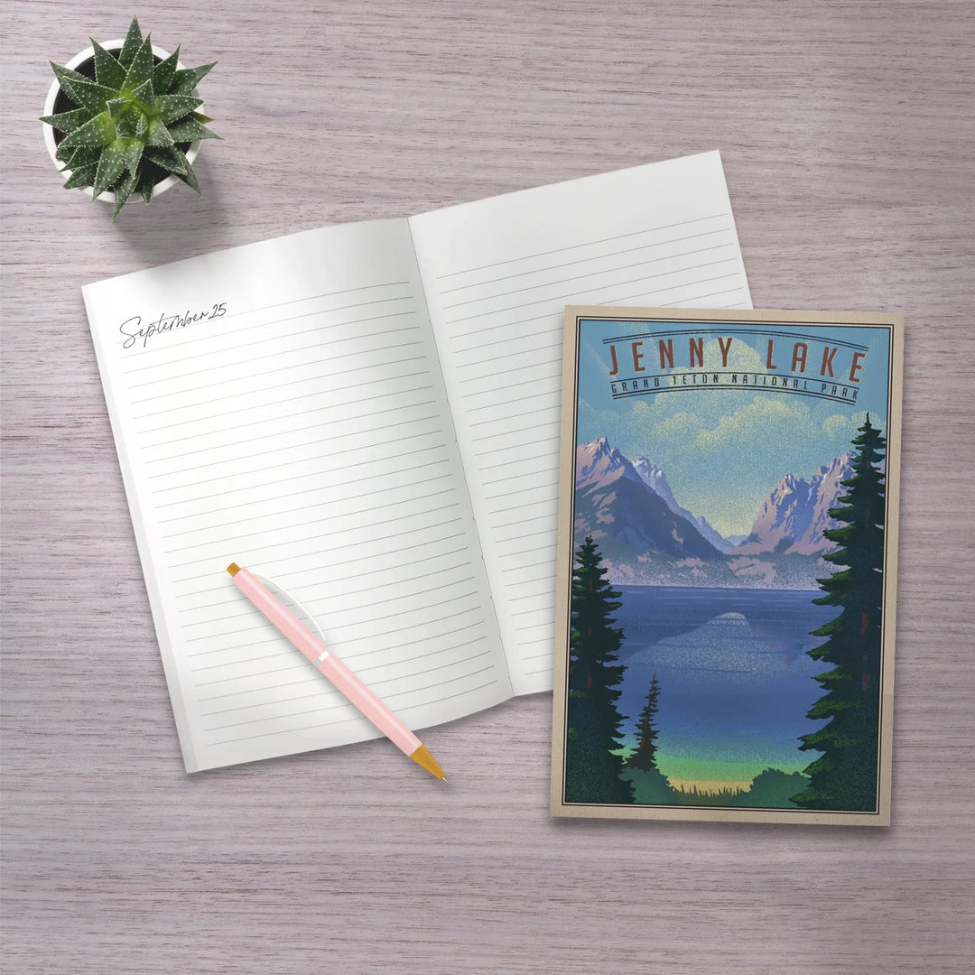 Lined 6x9 Journal, Grand Teton National Park, Wyoming, Jenny Lake, Lithograph National Park Series, Lay Flat, 193 Pages, FSC paper