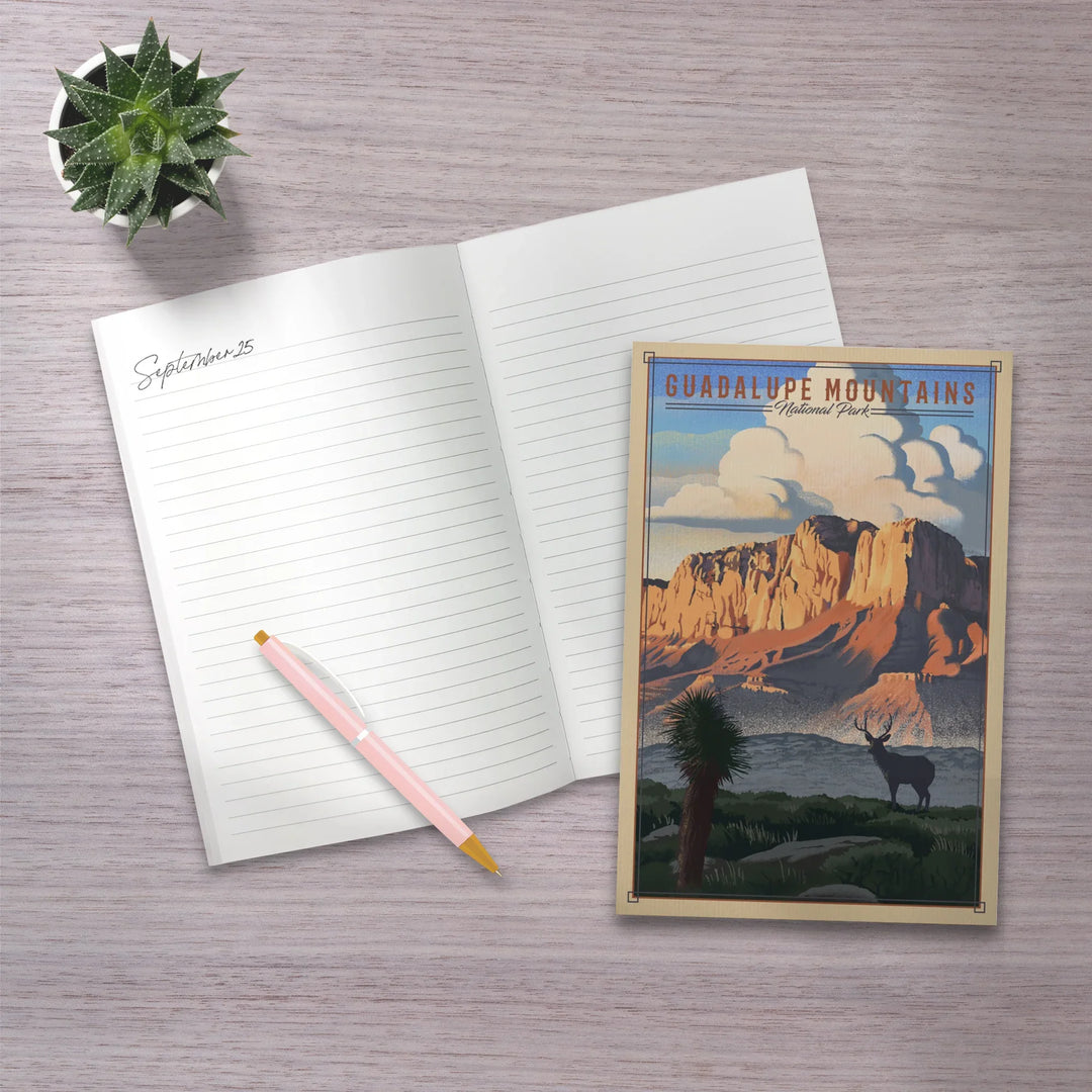 Lined 6x9 Journal, Guadalupe Mountains National Park, Texas, Lithograph National Park Series, Lay Flat, 193 Pages, FSC paper