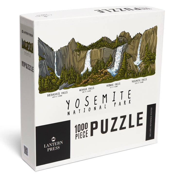 Yosemite National Park, California, Waterfall Montage, Line Drawing, Jigsaw Puzzle