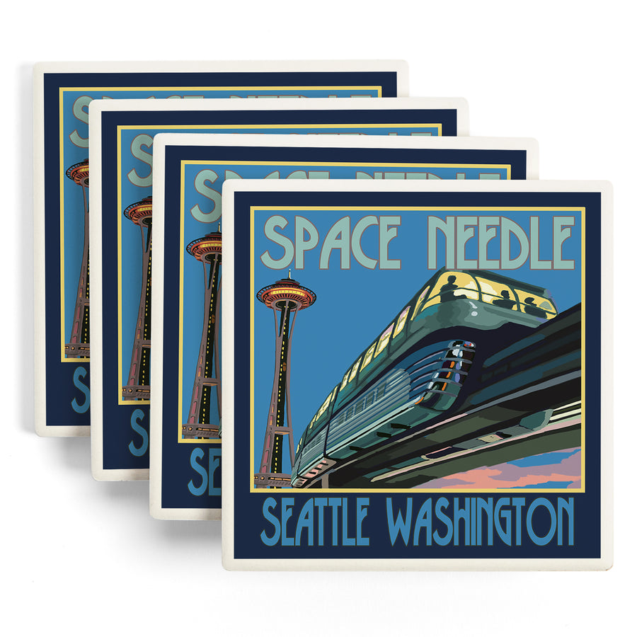 Seattle, Washington, Space Needle & Monorail, Lantern Press Artwork, Coaster Set