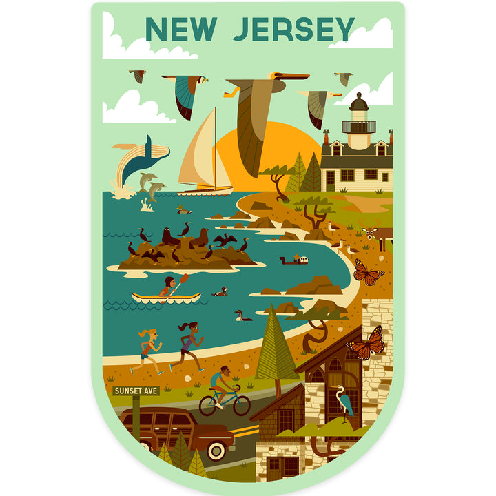 New Jersey Wildlife, Lighthouse and Coastal Life Illustration, Vinyl Sticker