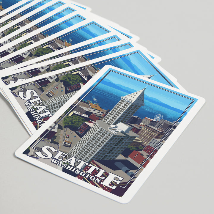 Playing Cards, Seattle, Washington, Smith Tower and Elliott Bay, 52 Card Deck with Jokers in Box, Unique Art