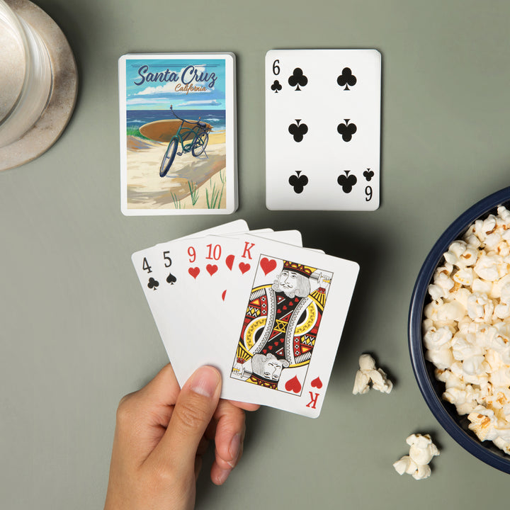 Playing Cards, Santa Cruz, California, Beach Cruiser on Beach, 52 Card Deck with Jokers in Box, Unique Art