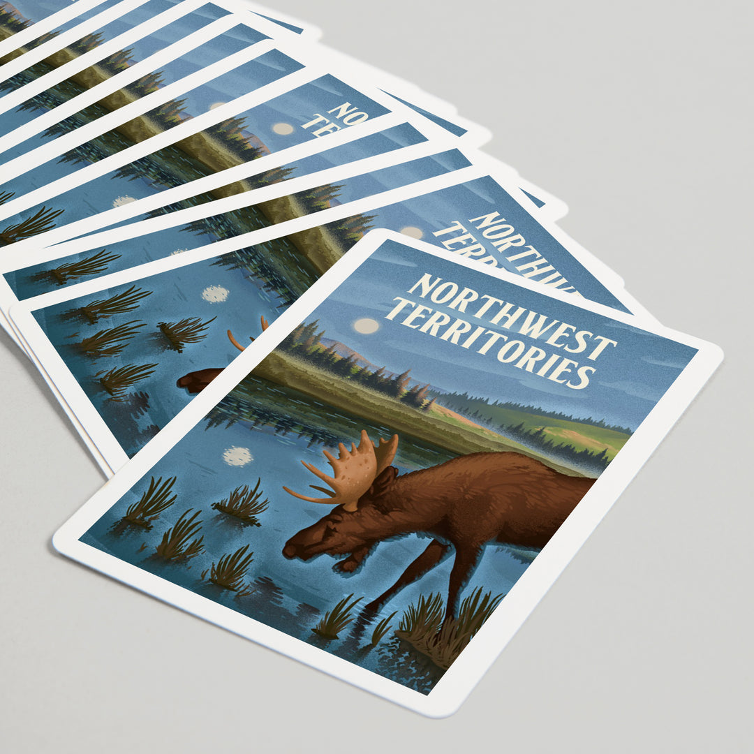 Playing Cards, Northwest Territories, Lithograph, Reflection Pond and Bull Moose, 52 Card Deck with Jokers in Box, Unique Art