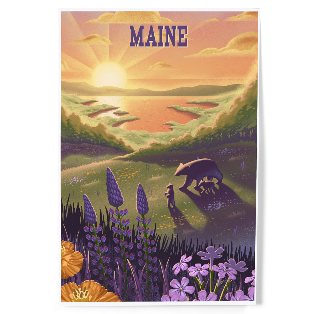Maine, Lithograph, Bear and Spring Flowers, Lake, Art & Giclee Prints