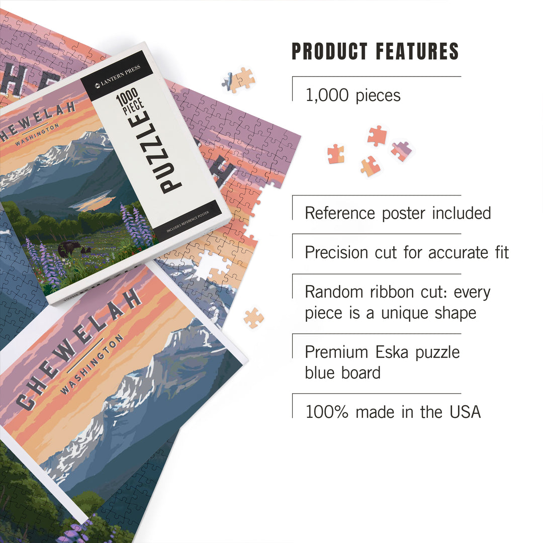 Chewelah, Washington, Painterly, Bear and Spring Flowers, 1000 Piece Jigsaw Puzzle