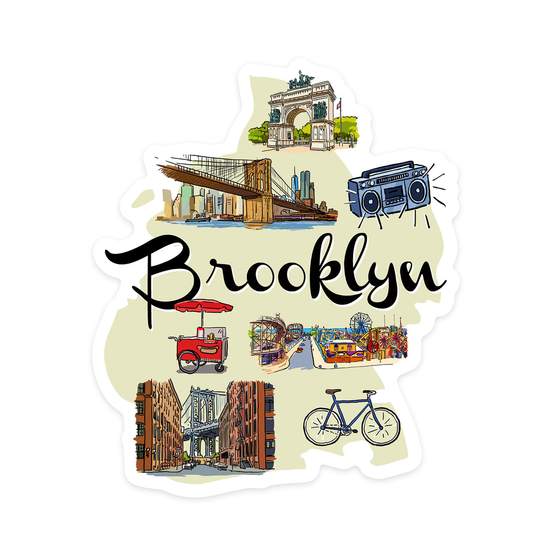 Brooklyn, New York, Landmarks & Icons, Contour, Lantern Press Artwork, Vinyl Sticker