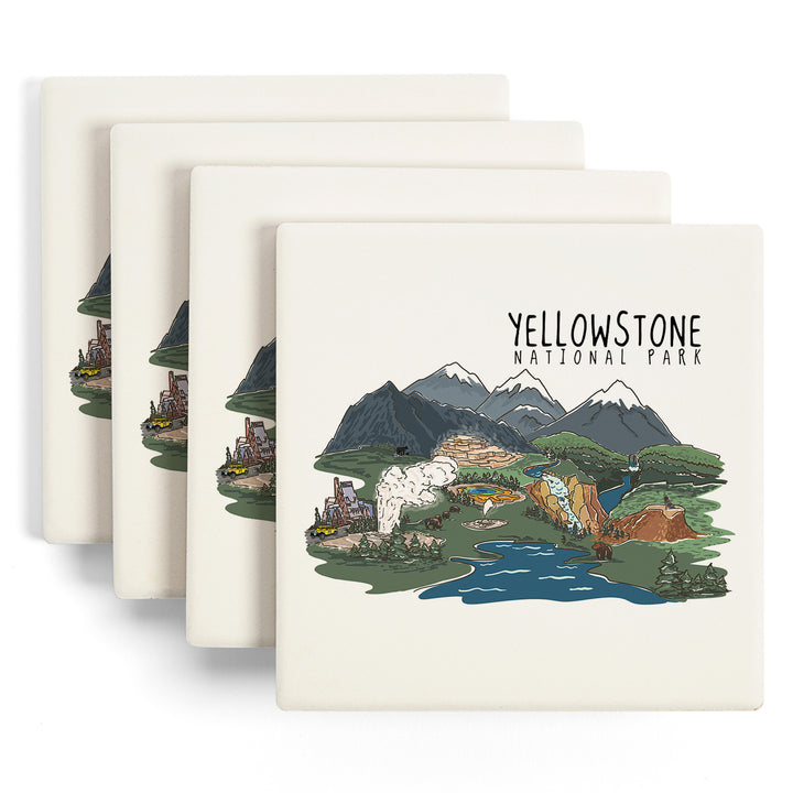 Yellowstone National Park, Line Drawing, Coasters