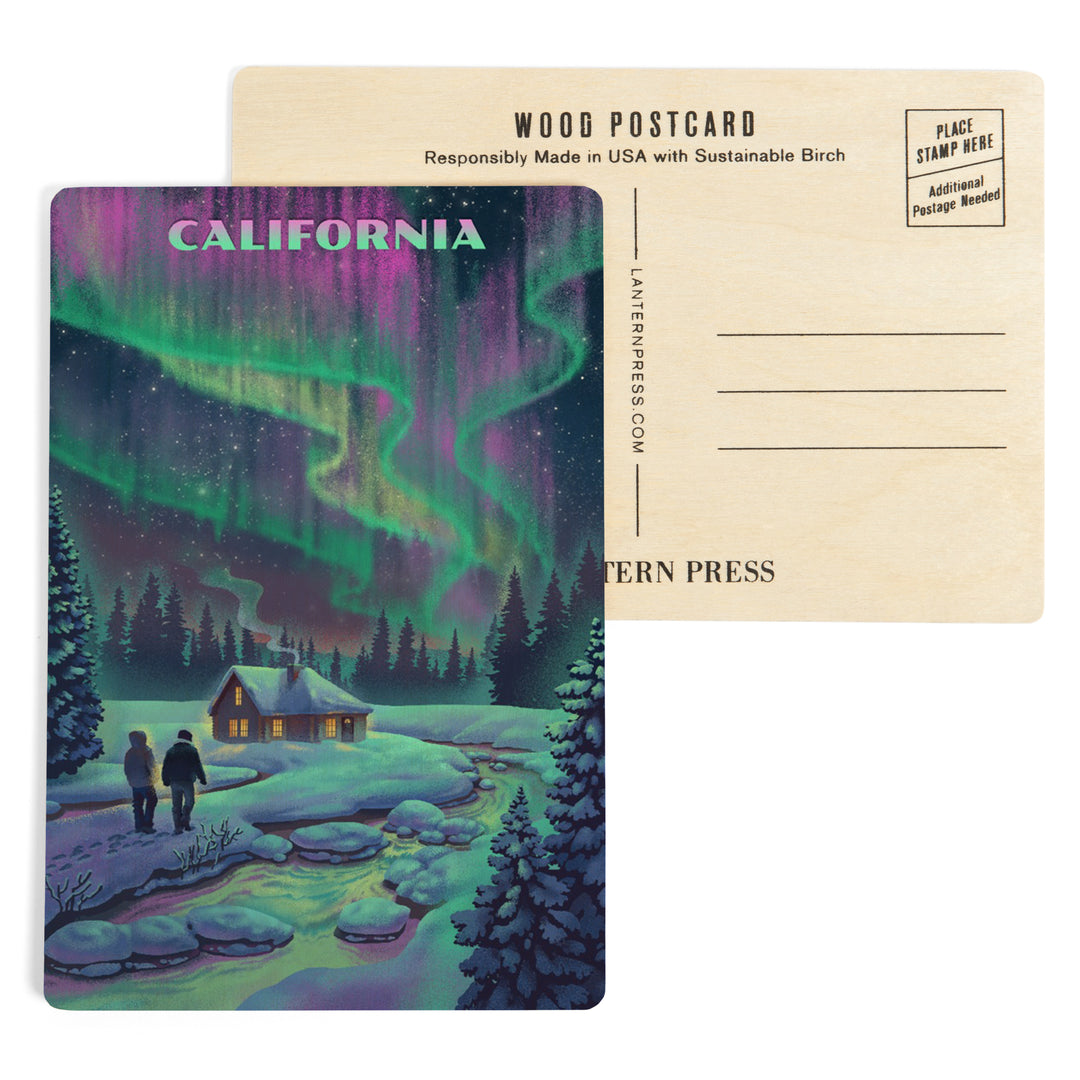California, Northern Lights and Cabin, Wood Sign and Postcards