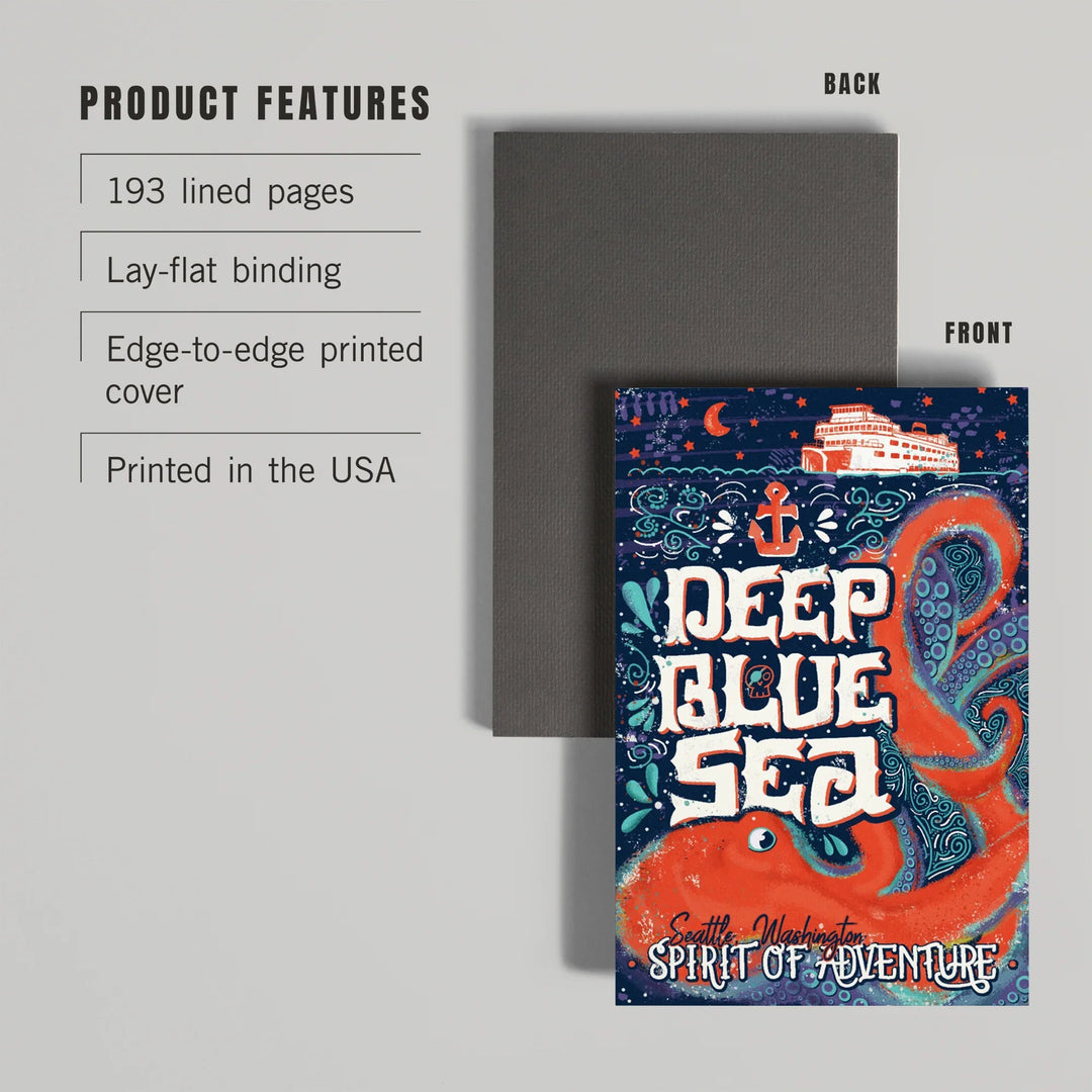 Lined 6x9 Journal, Seattle, Washington, Giant Octopus, Deep Blue Sea, Spirit Of Adventure, Lay Flat, 193 Pages, FSC paper