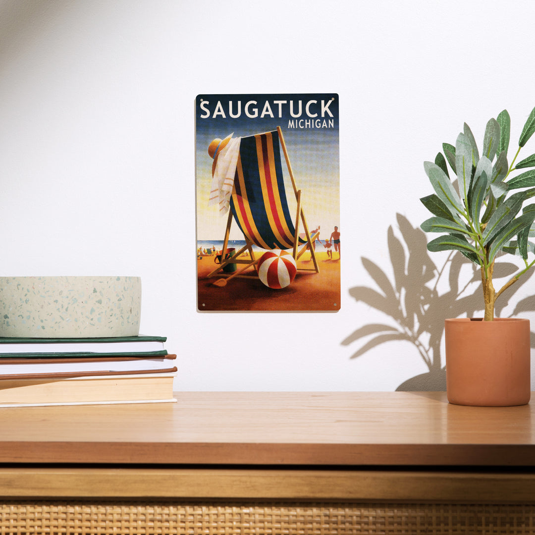 Saugatuck, Michigan, Beach Chair and Ball, Wood Signs and Postcards
