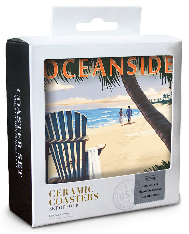 Oceanside, California, Adirondack Chair on the Beach, Coaster Set