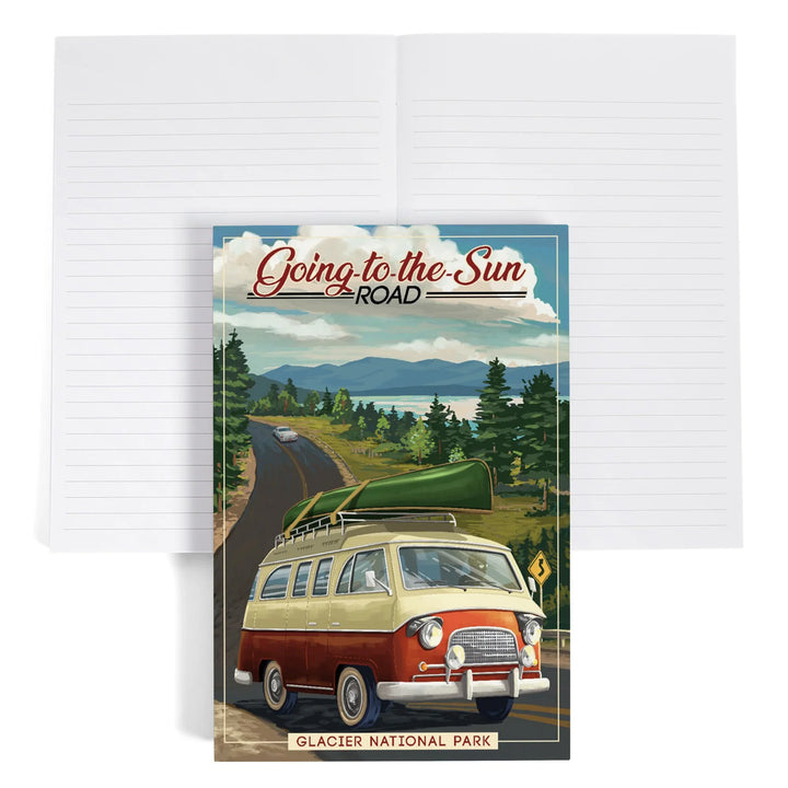 Lined 6x9 Journal, Glacier National Park, Montana, Sun Road, Camper Van and Lake, Lay Flat, 193 Pages, FSC paper