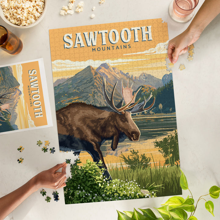 Sawtooth Mountains, Idaho, Painterly, Moose, 1000 Piece Jigsaw Puzzle