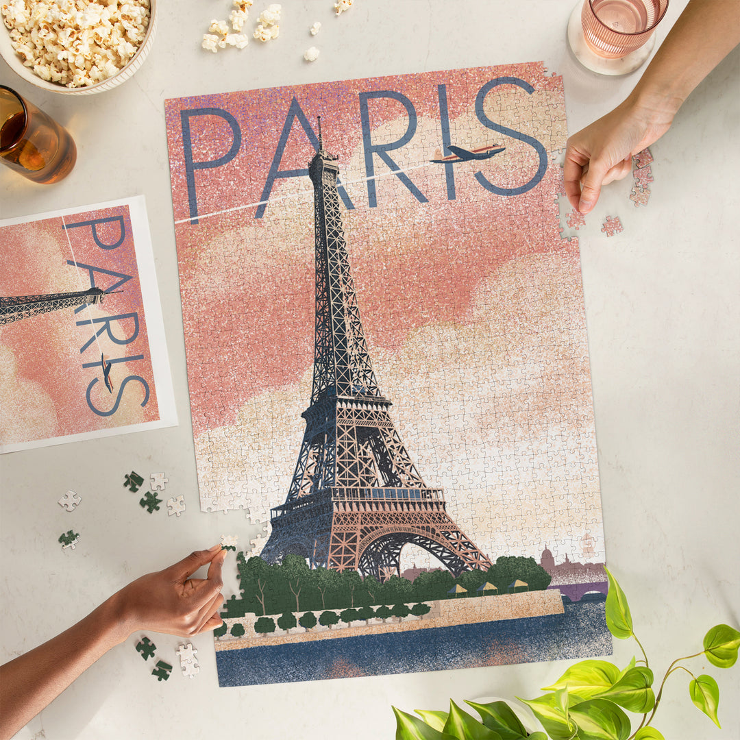 Paris, France, Eiffel Tower and River, Lithograph Style, Jigsaw Puzzle