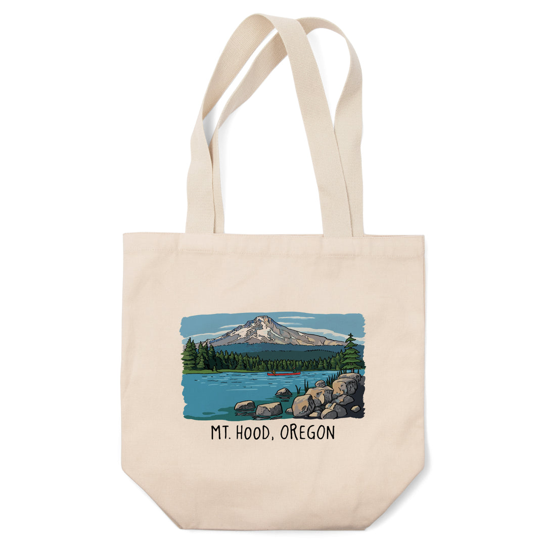 Mount Hood, Oregon, River & Mountain, Line Drawing, Lantern Press Artwork, Tote Bag