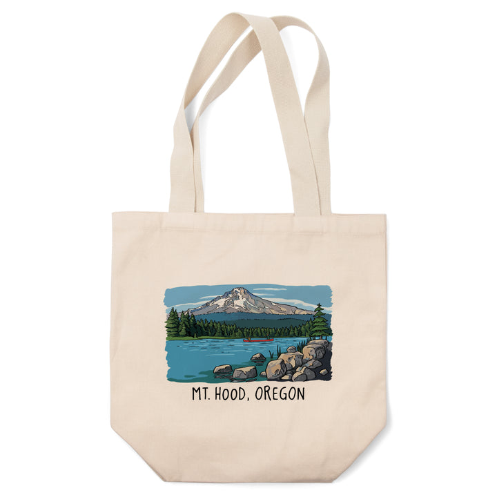Mount Hood, Oregon, River & Mountain, Line Drawing, Lantern Press Artwork, Tote Bag