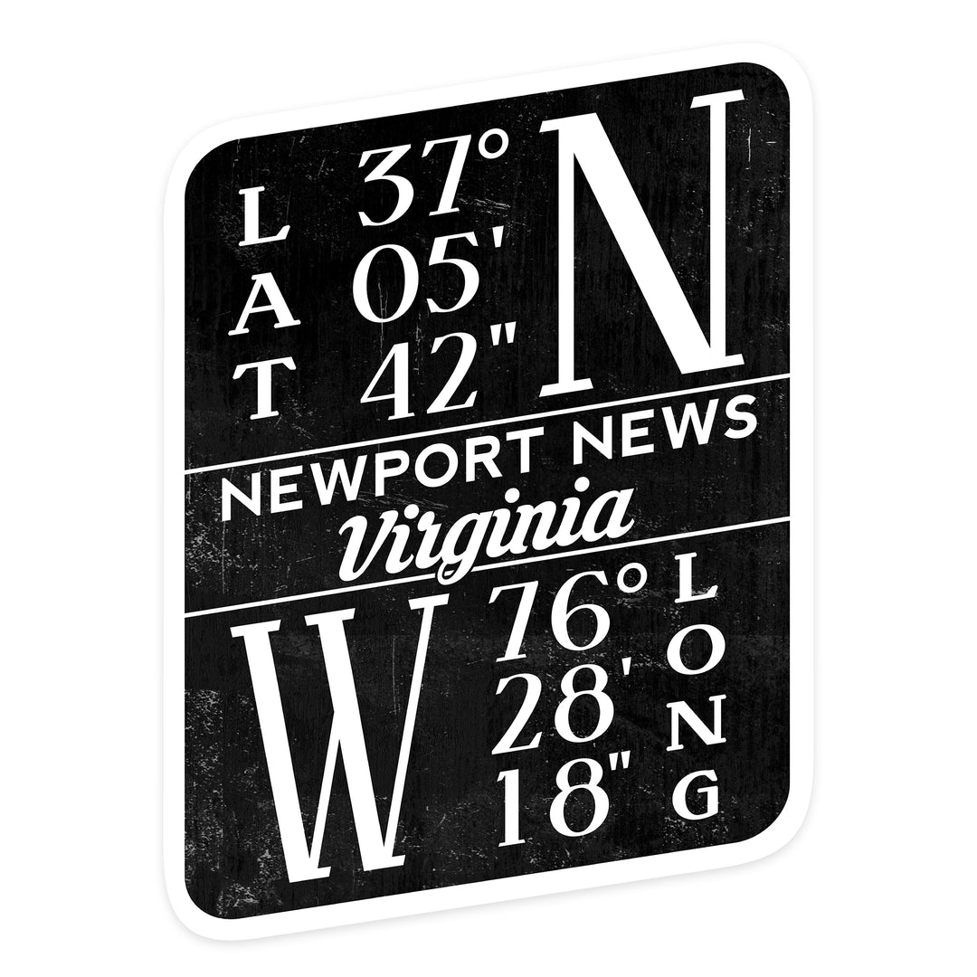 Newport News, Virginia, Latitude and Longitude (Black and White), Contour, Vinyl Sticker
