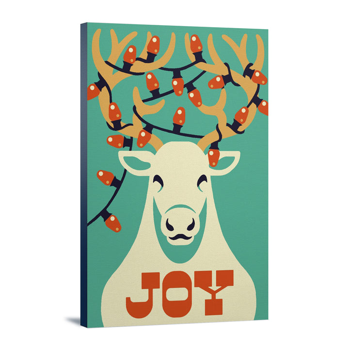 Joy, Reindeer, Retro Christmas, Lantern Press Artwork, Stretched Canvas