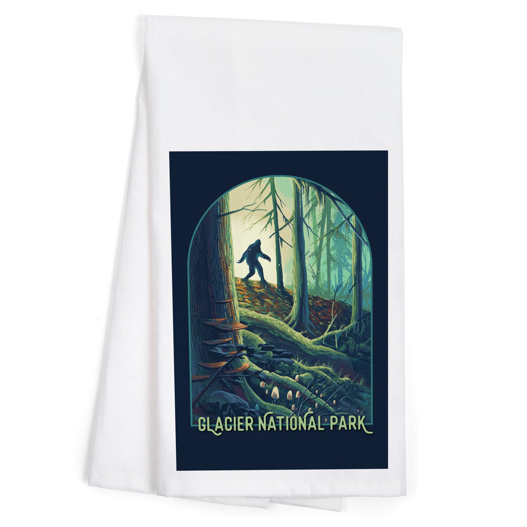 Glacier National Park, Montana, Get Outside, Wanderer, Bigfoot in Forest, Organic Cotton Kitchen Tea Towels