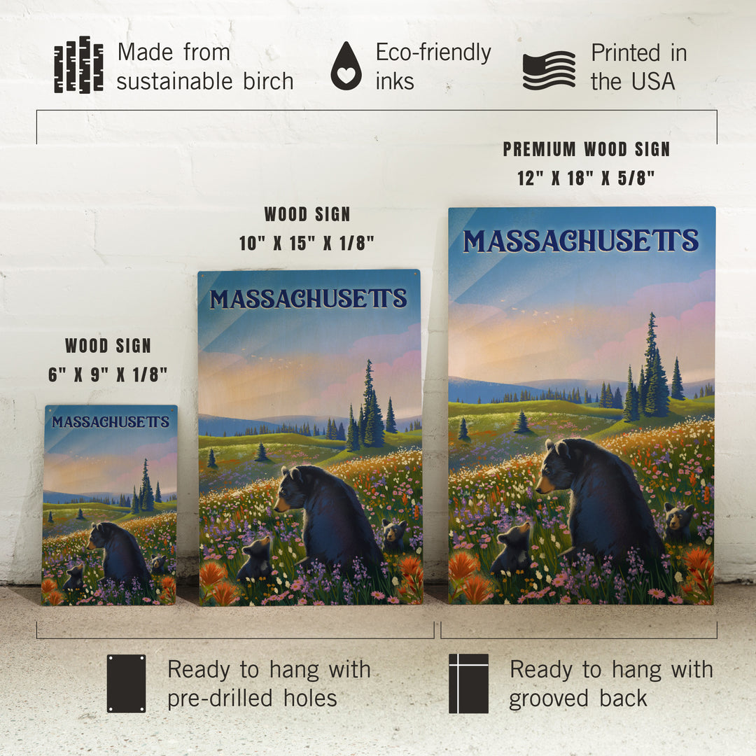 Massachusetts, Lithograph, Bear Family in Field, Wood Signs and Postcards
