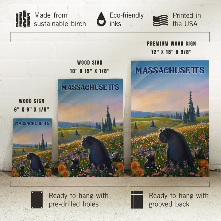 Massachusetts, Lithograph, Bear Family in Field, Wood Signs and Postcards
