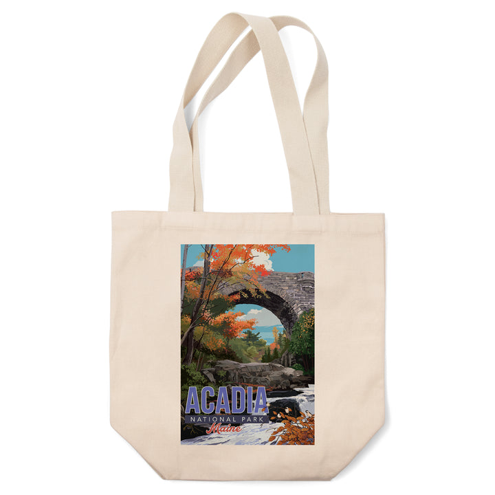 Acadia National Park, Maine, Stone Bridge Illustration, Tote Bag