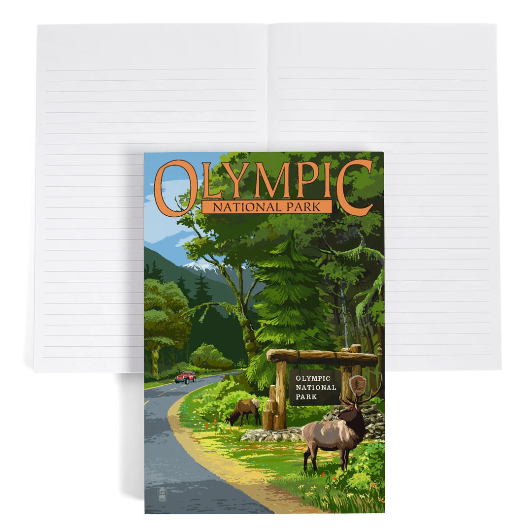 Lined 6x9 Journal, Olympic National Park, Washington, Park Entrance and Elk, SUV, Lay Flat, 193 Pages, FSC paper