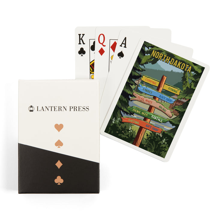 Playing Cards, North Dakota, Signpost, Forest and Camp, 52 Card Deck with Jokers in Box, Unique Art