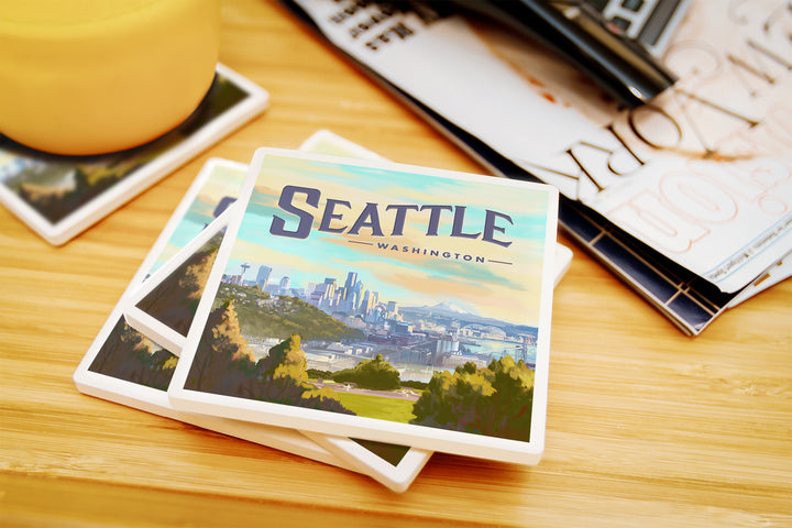 Seattle, Washington, Skyline, Oil Painting, Coaster Set