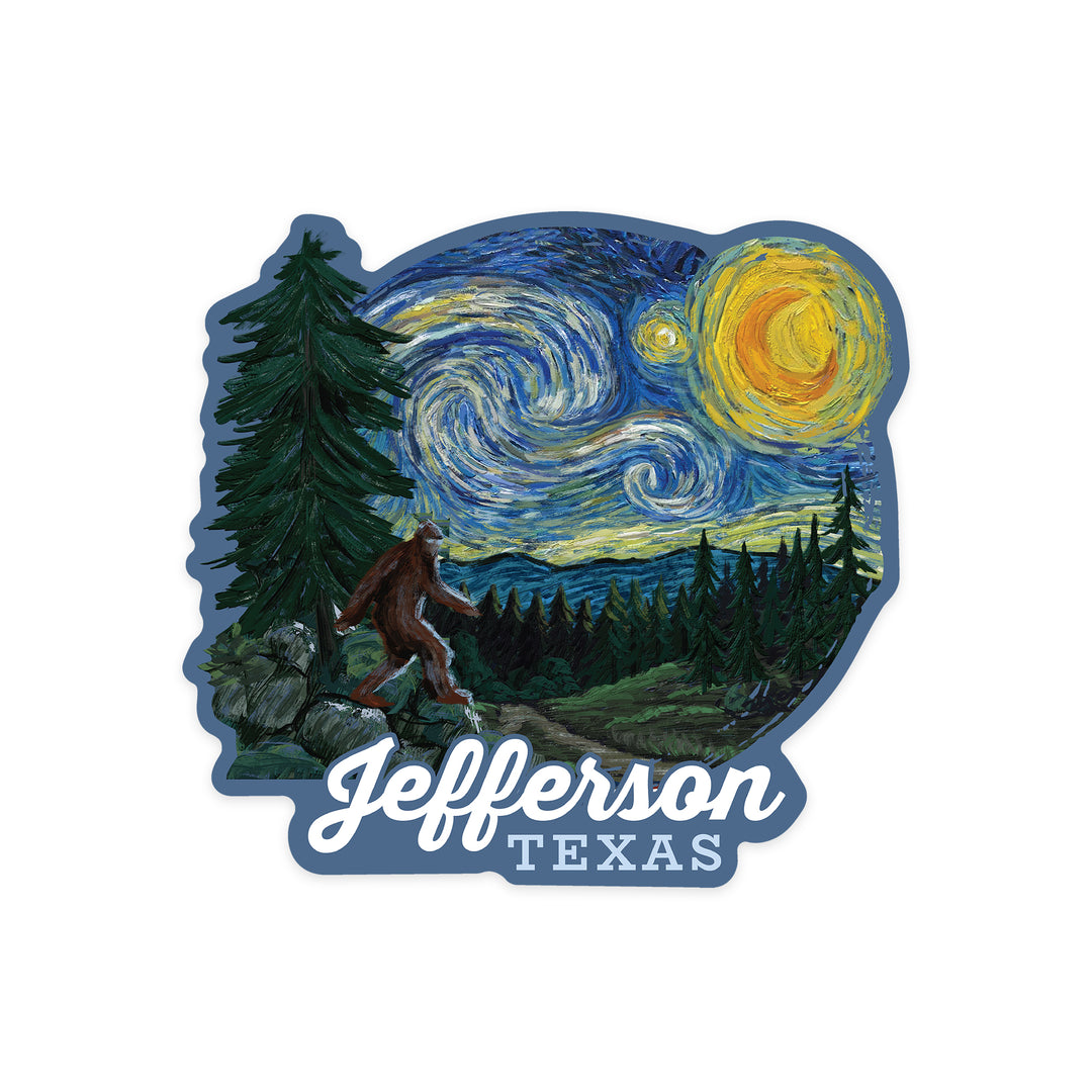 Jefferson, Texas, Bigfoot Starry Night, Contour, Lantern Press Artwork, Vinyl Sticker