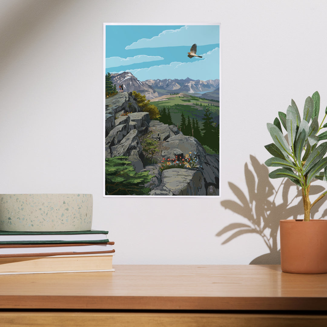 Canadian Rockies, Hikers and Hawk, Art & Giclee Prints