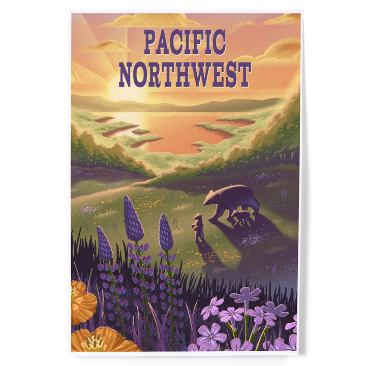 Pacific Northwest, Lithograph, Bear and Spring Flowers, Lake, Art & Giclee Prints