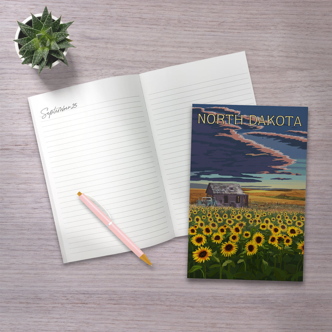 Lined 6x9 Journal, North Dakota, Wheat Fields, Shack and Sunflowers, Lay Flat, 193 Pages, FSC paper