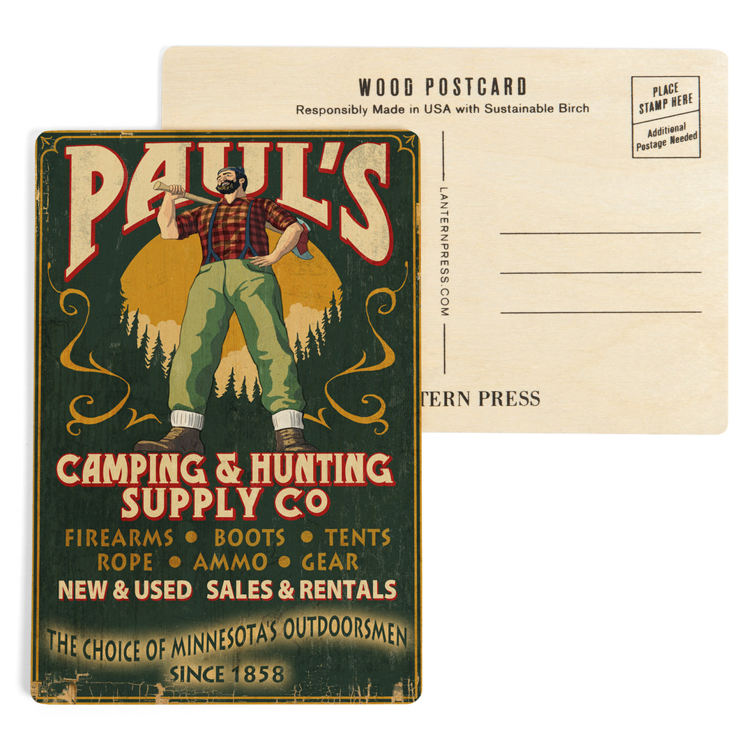 Minnesota, Paul Bunyan Camping Supply Vintage Sign, Wood Sign and Postcards