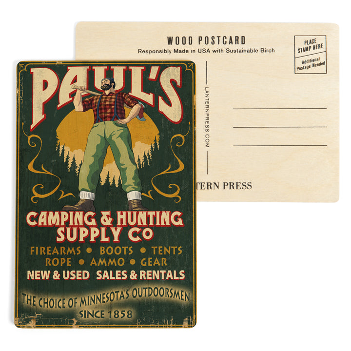 Minnesota, Paul Bunyan Camping Supply Vintage Sign, Wood Sign and Postcards