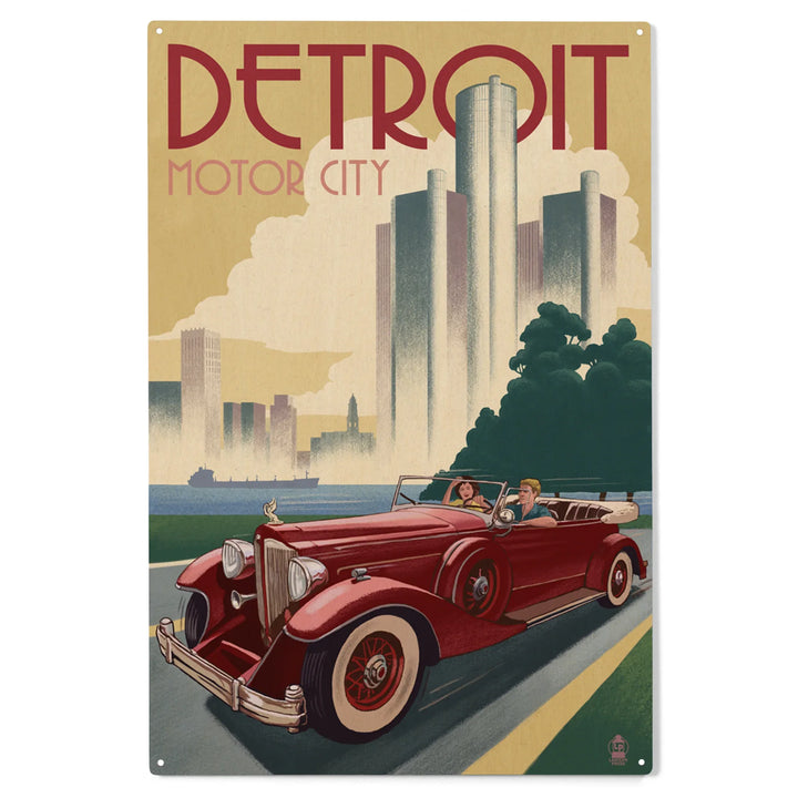Detroit, Michigan, Vintage Car and Skyline, Wood Sign and Postcards
