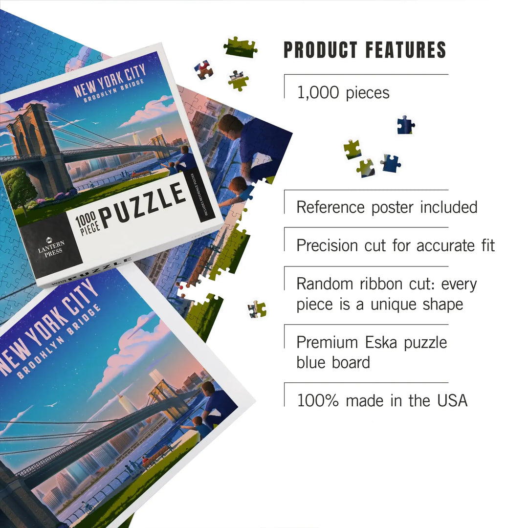 New York City, New York, Lithograph, Brooklyn Bridge at Dusk, Jigsaw Puzzle