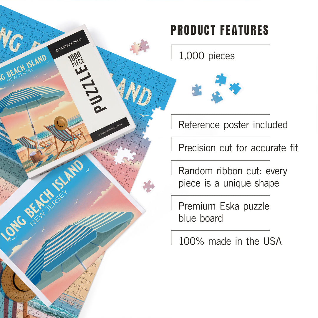 Long Beach Island, New Jersey, Lithograph, Beach Chair and Umbrella, 1000 Piece Jigsaw Puzzle