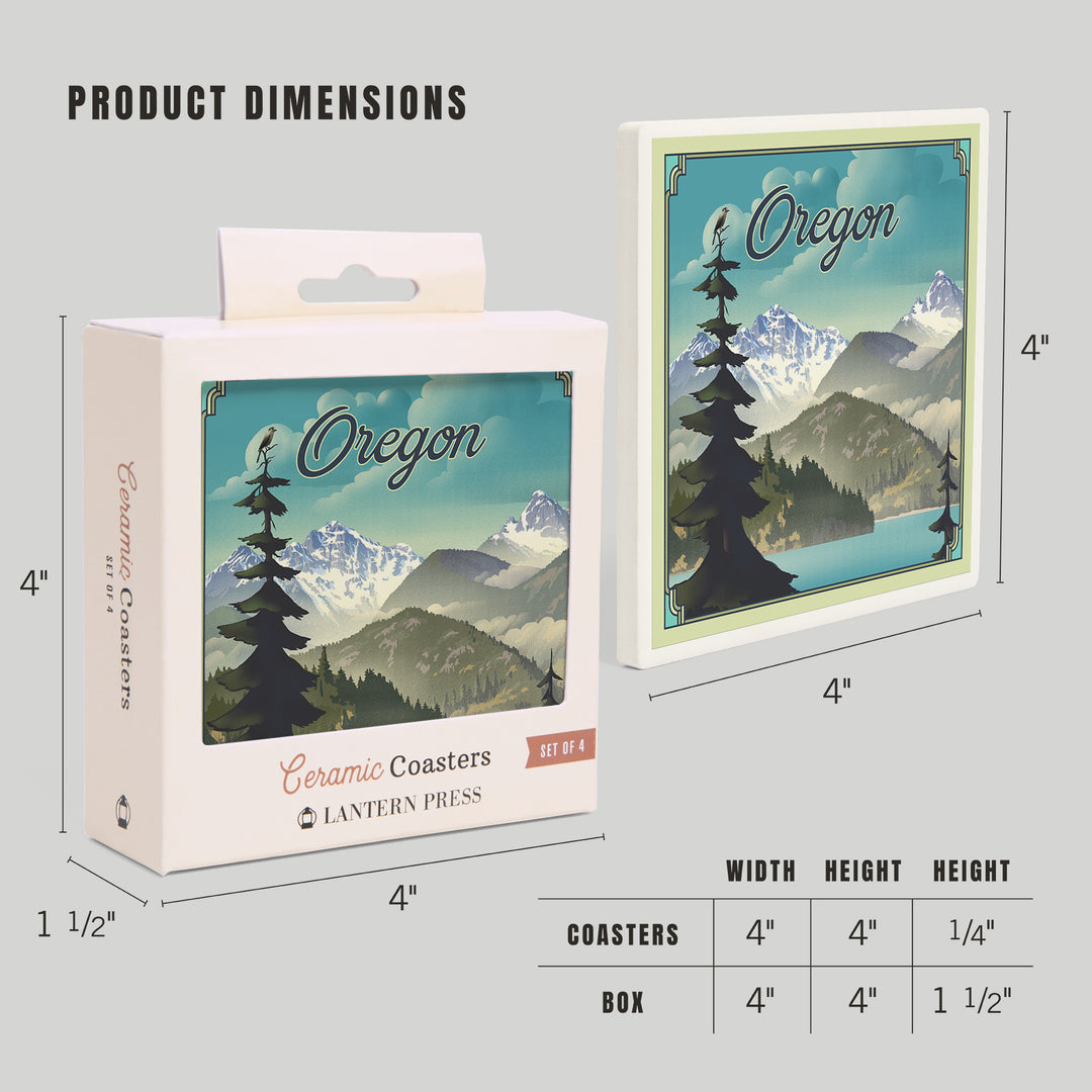 Oregon Lake and Mountains, Lithograph, Coaster Set