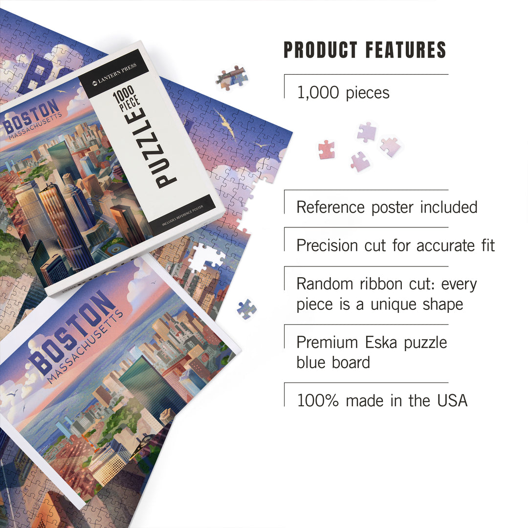 Boston, Massachusetts, Lithograph, City Series, 1000 Piece Jigsaw Puzzle