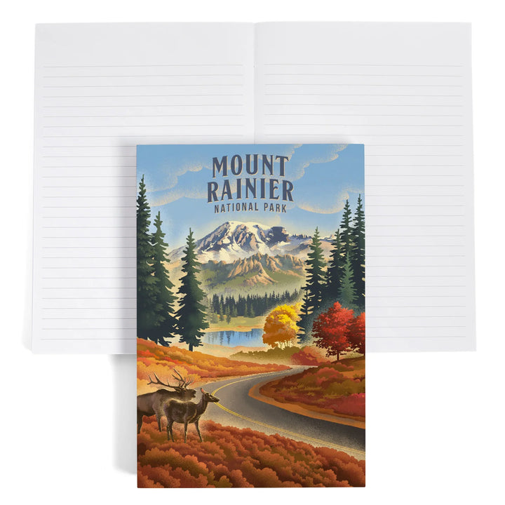 Lined 6x9 Journal, Mt Rainier National Park, Washington, Lithograph, Paradise Road with Elk, Lay Flat, 193 Pages, FSC paper