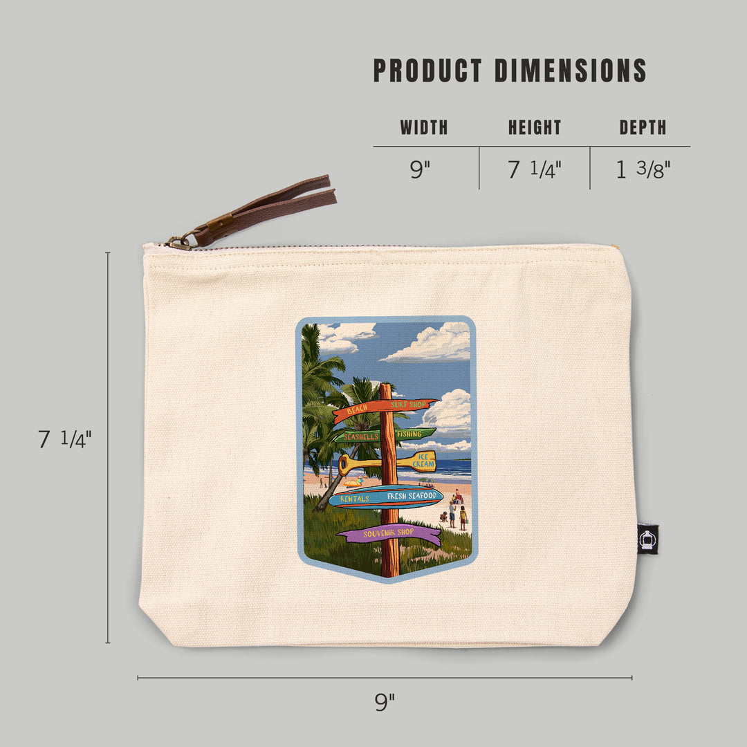 Signpost, Coast Beach with Palms,, Organic Cotton Zipper Pouch, Go Bag