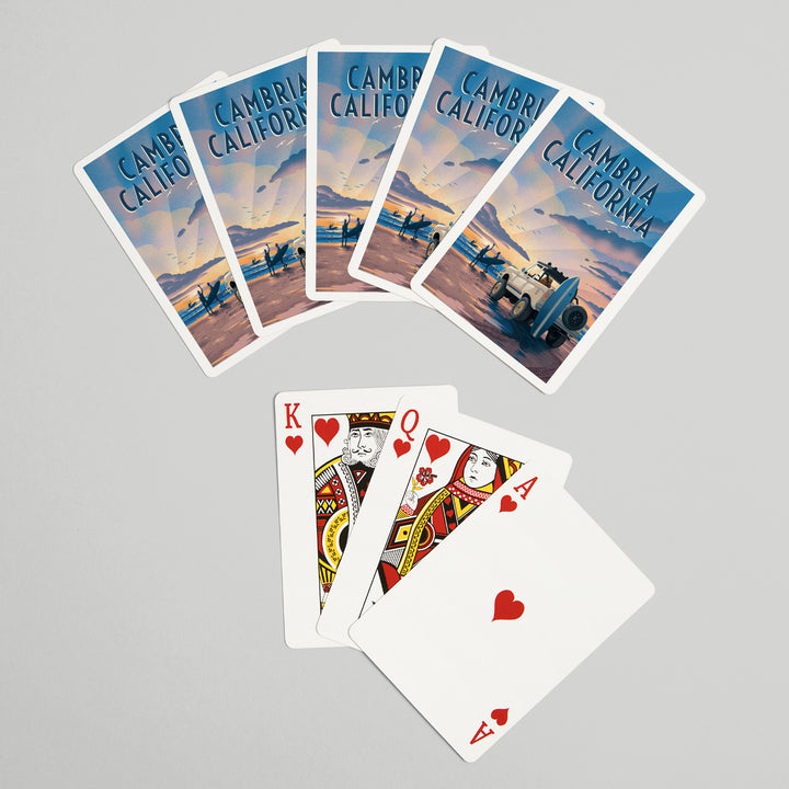 Playing Cards, Cambria, California, Lithograph, Surfers on Beach, 52 Card Deck with Jokers in Box, Unique Art