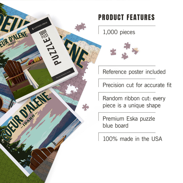 Coeur d'Alene, Idaho, Painterly, Adirondack Chairs and Lake, Jigsaw Puzzle