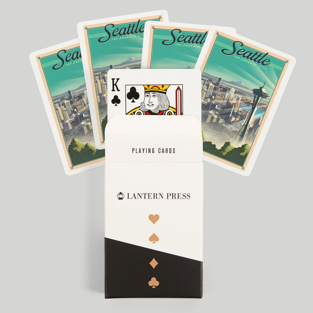 Playing Cards, Seattle, Washington, Skyline, Lithograph, 52 Card Deck with Jokers in Box, Unique Art