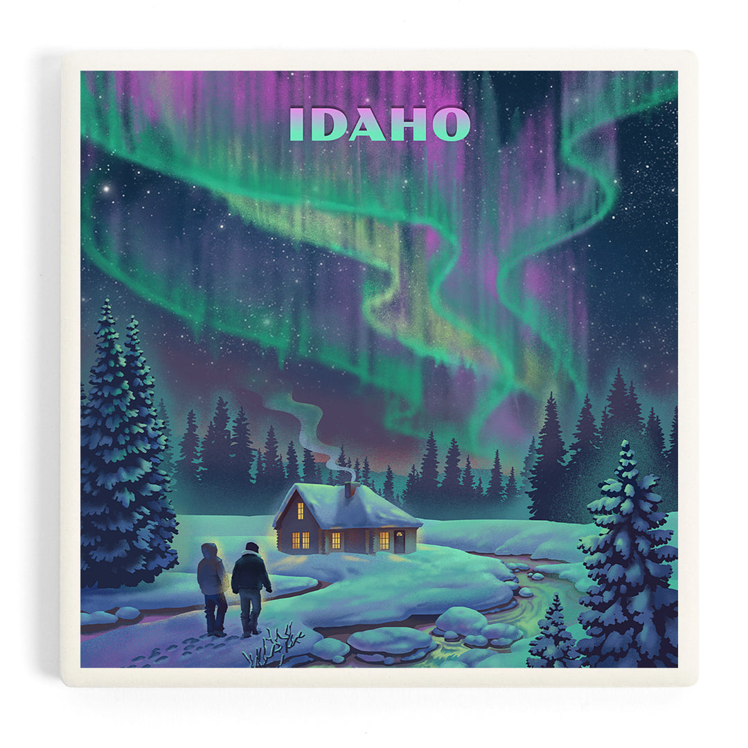 Idaho, Lithograph Northern Lights and Cabin, Coasters