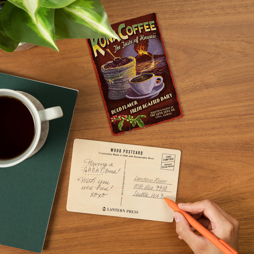 Hawaii, Kona Coffee Vintage Sign, Wood Sign and Postcards